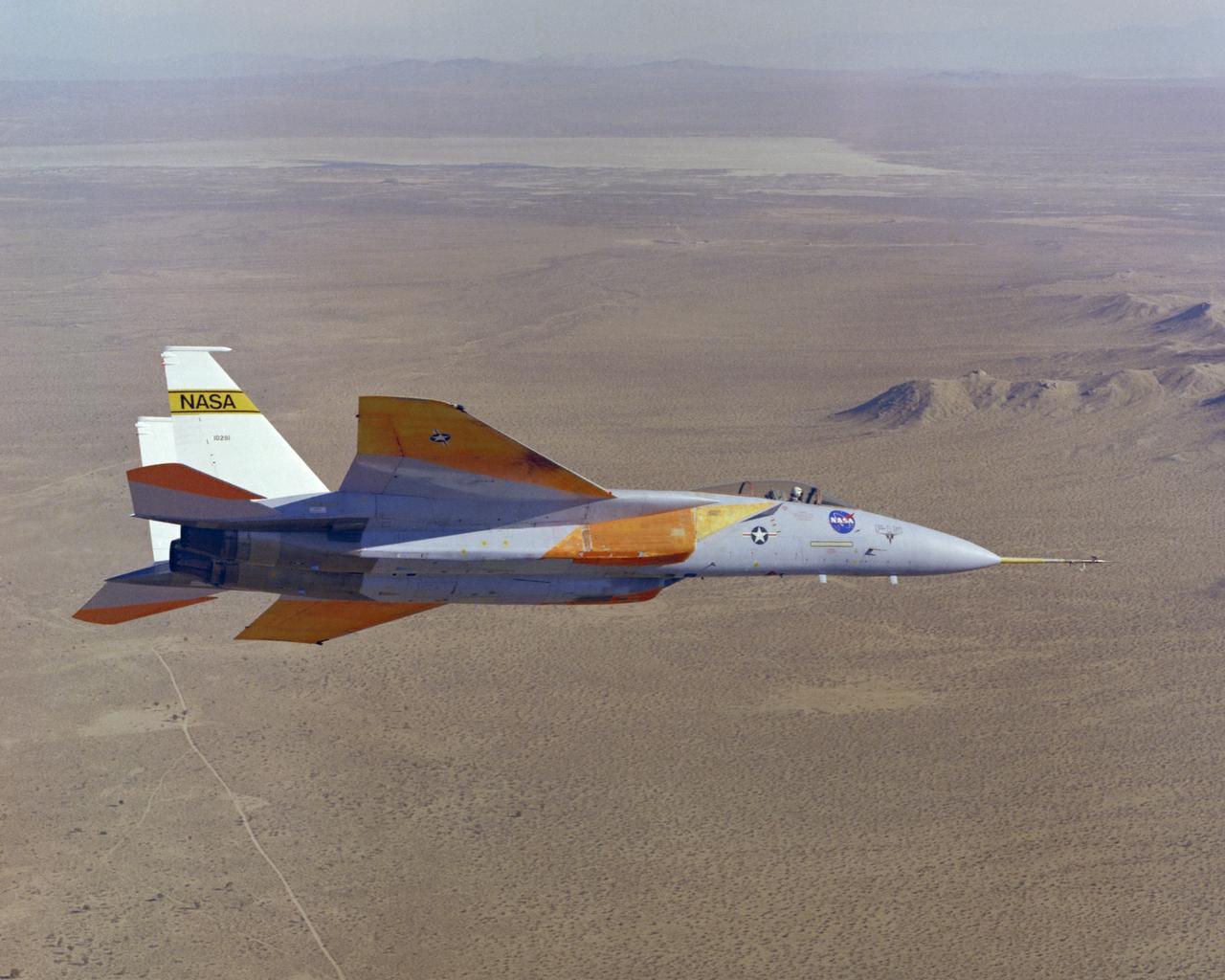 The number two F-15A (Serial #71-0281) was obtained by NASA from the U.S. Air Force in 1976 and was used for more than 25 advanced research projects involving aerodynamics, performance, propulsion control, control integration, instrumentation development, human factors, and flight test techniques. Included in these projects was its role as a testbed to evaluate aerodynamic pressures on Space Shuttle thermal protection tiles at specific altitudes and speeds.