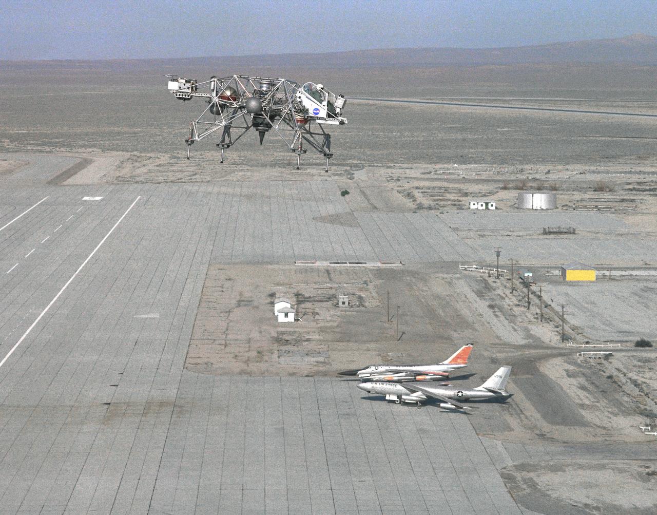 In this 1965 NASA Flight Reserch Center photograph the Lunar Landing Research Vehicle (LLRV) is shown at near maximum altitude over the south base at Edwards Air Force Base. When Apollo planning was underway in 1960, NASA was looking for a simulator to profile the descent to the moon's surface. Three concepts surfaced: an electronic simulator, a tethered device, and the ambitious Dryden contribution, a free-flying vehicle. All three became serious projects, but eventually the NASA Flight Research Center's (FRC) Landing Research Vehicle (LLRV) became the most significant one. Hubert M. Drake is credited with originating the idea, while Donald Bellman and Gene Matranga were senior engineers on the project, with Bellman, the project manager. Simultaneously, and independently, Bell Aerosystems Company, Buffalo, N.Y., a company with experience in vertical takeoff and landing (VTOL) aircraft, had conceived a similar free-flying simulator and proposed their concept to NASA headquarters. NASA Headquarters put FRC and Bell together to collaborate. The challenge was; to allow a pilot to make a vertical landing on Earth in a simulated moon environment, one sixth of the Earth's gravity and with totally transparent aerodynamic forces in a "free flight" vehicle with no tether forces acting on it.  Built of tubular aluminum like a giant four-legged bedstead, the vehicle was to simulate a lunar landing profile from around 1500 feet to the moon's surface. To do this, the LLRV had a General Electric CF-700-2V turbofan engine mounted vertically in gimbals, with 4200 pounds of thrust. The engine, using JP-4 fuel, got the vehicle up to the test altitude and was then throttled back to support five-sixths of the vehicle's weight, simulating the reduced gravity of the moon. Two hydrogen-peroxide lift rockets with thrust that could be varied from 100 to 500 pounds handled the LLRV's rate of descent and horizontal translations. Sixteen smaller hydrogen-peroxide rockets, mounted in pairs, gav