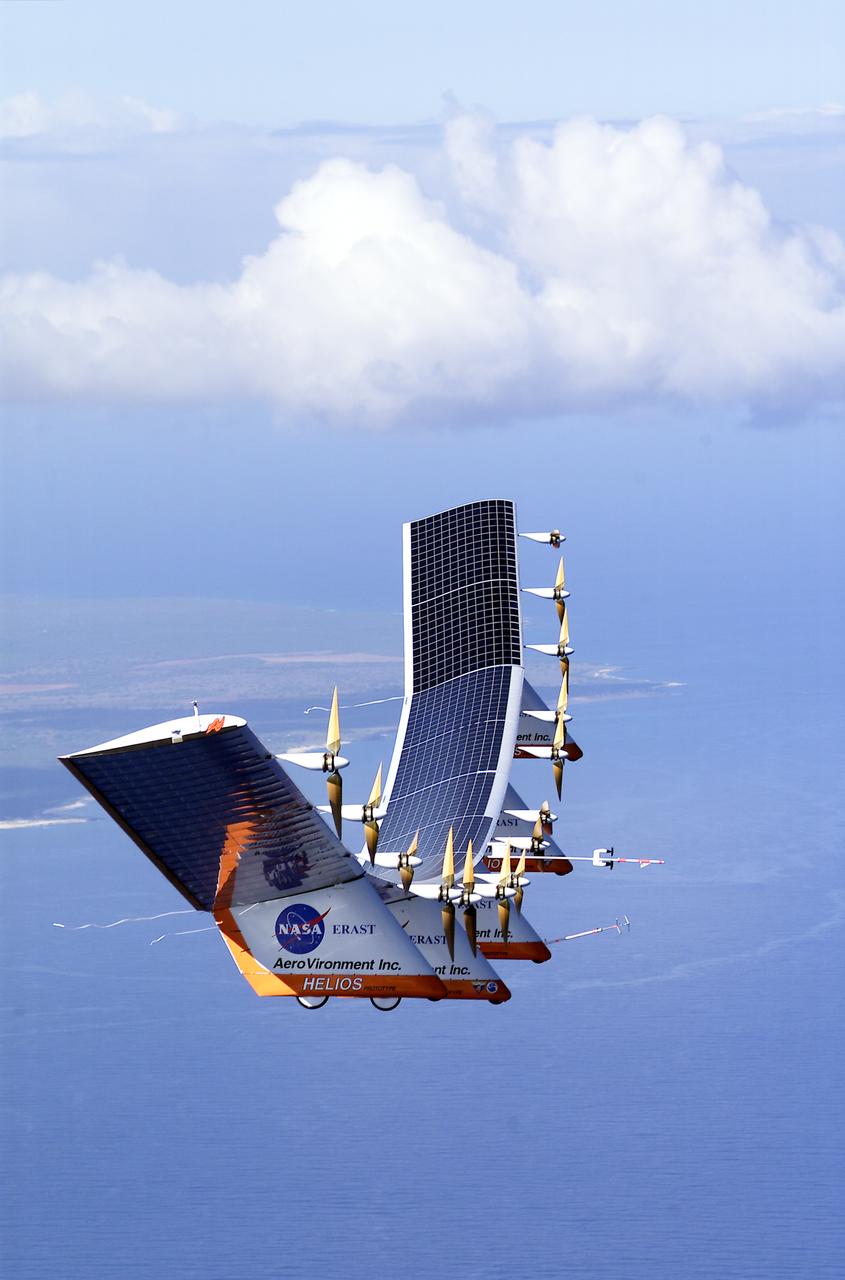 The solar-electric Helios Prototype flying wing is shown near the Hawaiian island of Niihau during its first test flight on solar power from the U.S. Navy's Pacific Missile Range Facility on Kauai, Hawaii, July 14, 2001. The 18-hour flight was a functional checkout of the aircraft's systems and performance in preparation for an attempt to reach sustained flight at 100,000 feet altitude later this summer.