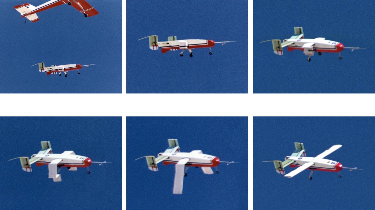 The deployable, inflatable wing technology demonstrator aircraft's wings begin deploying following separation from its carrier aircraft during a flight experiment conducted by the NASA Dryden Flight Research Center, Edwards, California. Wing deployment time is typically on the order of a third of a second, almost faster than the human eye can see. Three successful flights of the I2000 inflatable wing aircraft occurred. During the flights, the team air-launched the radio-controlled (R/C) I2000 from an R/C utility airplane at an altitude of 800-1000 feet.  As the I2000 separated from the carrier aircraft, its inflatable wings "popped-out," deploying rapidly via an on-board nitrogen bottle. The aircraft remained stable as it transitioned from wingless to winged flight. The unpowered I2000 glided down to a smooth landing under complete control.