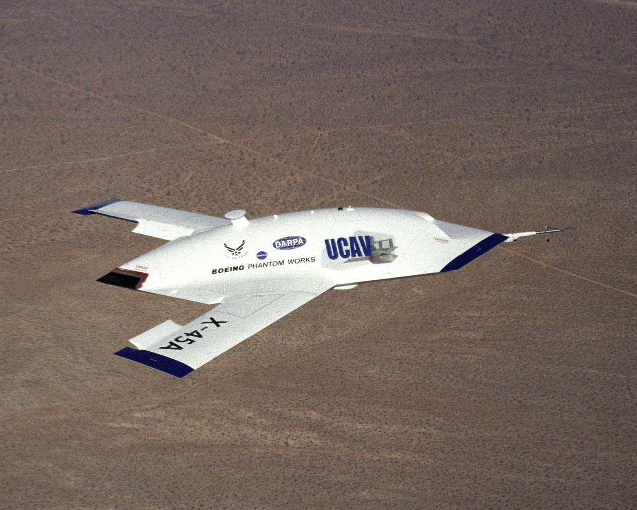 The first X-45A Unmanned Combat Air Vehicle (UCAV) technology demonstrator completed its sixth flight on Dec. 19, 2002, raising its landing gear in flight for the first time. The X-45A flew for 40 minutes and reached an airspeed of 195 knots and an altitude of 7,500 feet. Dryden is supporting the DARPA/Boeing team in the design, development, integration, and demonstration of the critical technologies, processes, and system attributes leading to an operational UCAV system. Dryden support of the X-45A demonstrator system includes analysis, component development, simulations, ground and flight tests.