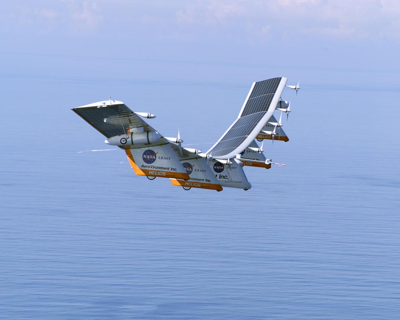 The first flight of a large aircraft to be powered by electric fuel cells began with a takeoff at 8:43 a.m. HST today from the Hawaiian island of Kauai. The Helios Prototype flying wing, built by AeroVironment, Inc., of Monrovia, Calif., as part of NASA's Environmental Research Aircraft and Sensor Technology (ERAST) program, used solar panels to power its 10 electric motors for takeoff and during daylight portions of its planned 20-hour shakedown flight. As sunlight diminishes, Helios will switch to a fuel cell system to continue flight into the night. The takeoff set the stage for a two-day Helios endurance flight in the stratosphere planned for mid-July. The Helios wing, spanning 247 feet and weighing about 2,400 pounds, is giving NASA and industry engineers confidence that remotely piloted aircraft will be able to stay aloft for weeks at a time, providing environmental monitoring capabilities and telecommunications relay services.  Helios is an all-electric airplane. In addition to being non-polluting, Helios can fly above storms, and use the power of the sun to stay aloft during daylight. Key to the success of this type of aircraft is the ability to fly in darkness, using fuel cells when sunlight cannot furnish energy.  Helios flew over the Navy's Pacific Missile Range Facility where favorable sun exposure and test ranges closed to other air traffic benefited the NASA research effort. In 2003 the aircraft was lost to a crash.