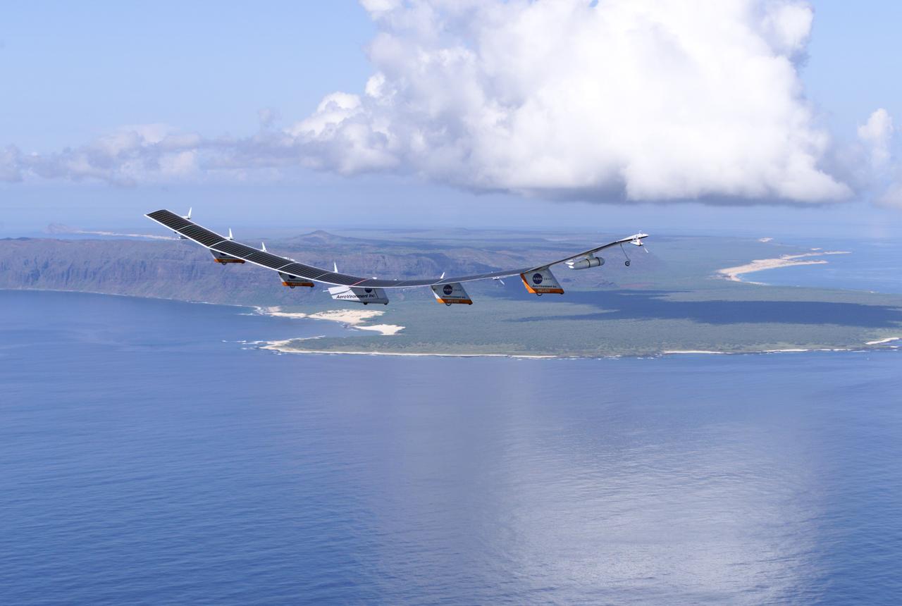 The first flight of a large aircraft to be powered by electric fuel cells began with a takeoff at 8:43 a.m. HST today from the Hawaiian island of Kauai. The Helios Prototype flying wing, built by AeroVironment, Inc., of Monrovia, Calif., as part of NASA's Environmental Research Aircraft and Sensor Technology (ERAST) program, used solar panels to power its 10 electric motors for takeoff and during daylight portions of its planned 20-hour shakedown flight. As sunlight diminishes, Helios will switch to a fuel cell system to continue flight into the night. The takeoff set the stage for a two-day Helios endurance flight in the stratosphere planned for mid-July. The Helios wing, spanning 247 feet and weighing about 2,400 pounds, is giving NASA and industry engineers confidence that remotely piloted aircraft will be able to stay aloft for weeks at a time, providing environmental monitoring capabilities and telecommunications relay services.  Helios is an all-electric airplane. In addition to being non-polluting, Helios can fly above storms, and use the power of the sun to stay aloft during daylight. Key to the success of this type of aircraft is the ability to fly in darkness, using fuel cells when sunlight cannot furnish energy.  Helios flew over the Navy's Pacific Missile Range Facility where favorable sun exposure and test ranges closed to other air traffic benefited the NASA research effort. In 2003 the aircraft was lost to a crash.
