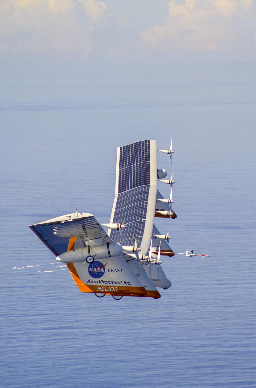 The first flight of a large aircraft to be powered by electric fuel cells began with a takeoff at 8:43 a.m. HST today from the Hawaiian island of Kauai. The Helios Prototype flying wing, built by AeroVironment, Inc., of Monrovia, Calif., as part of NASA's Environmental Research Aircraft and Sensor Technology (ERAST) program, used solar panels to power its 10 electric motors for takeoff and during daylight portions of its planned 20-hour shakedown flight. As sunlight diminishes, Helios will switch to a fuel cell system to continue flight into the night. The takeoff set the stage for a two-day Helios endurance flight in the stratosphere planned for mid-July. The Helios wing, spanning 247 feet and weighing about 2,400 pounds, is giving NASA and industry engineers confidence that remotely piloted aircraft will be able to stay aloft for weeks at a time, providing environmental monitoring capabilities and telecommunications relay services.  Helios is an all-electric airplane. In addition to being non-polluting, Helios can fly above storms, and use the power of the sun to stay aloft during daylight. Key to the success of this type of aircraft is the ability to fly in darkness, using fuel cells when sunlight cannot furnish energy.  Helios flew over the Navy's Pacific Missile Range Facility where favorable sun exposure and test ranges closed to other air traffic benefited the NASA research effort. In 2003 the aircraft was lost to a crash.