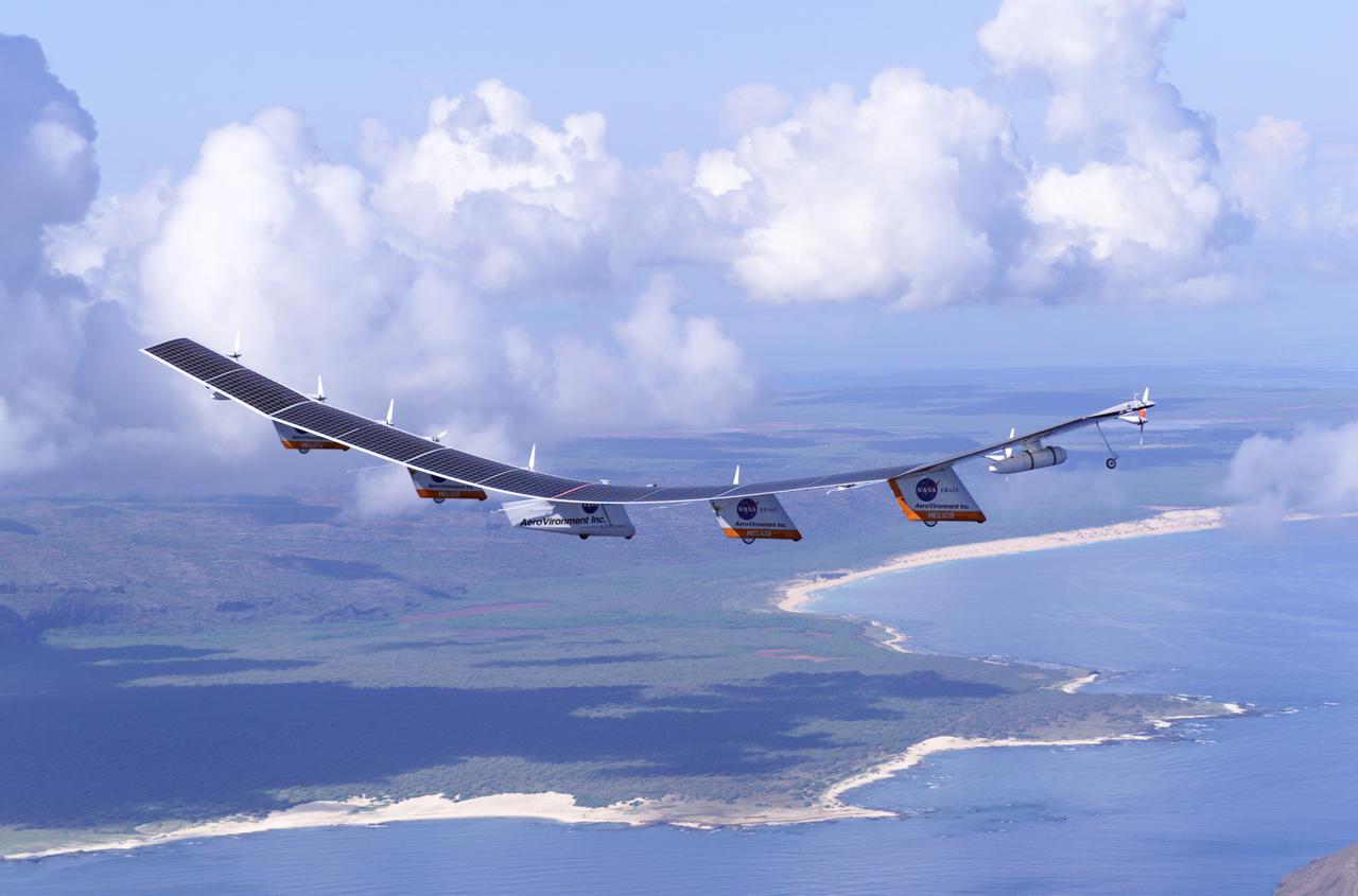 The first flight of a large aircraft to be powered by electric fuel cells began with a takeoff at 8:43 a.m. HST today from the Hawaiian island of Kauai. The Helios Prototype flying wing, built by AeroVironment, Inc., of Monrovia, Calif., as part of NASA's Environmental Research Aircraft and Sensor Technology (ERAST) program, used solar panels to power its 10 electric motors for takeoff and during daylight portions of its planned 20-hour shakedown flight. As sunlight diminishes, Helios will switch to a fuel cell system to continue flight into the night. The takeoff set the stage for a two-day Helios endurance flight in the stratosphere planned for mid-July. The Helios wing, spanning 247 feet and weighing about 2,400 pounds, is giving NASA and industry engineers confidence that remotely piloted aircraft will be able to stay aloft for weeks at a time, providing environmental monitoring capabilities and telecommunications relay services.  Helios is an all-electric airplane. In addition to being non-polluting, Helios can fly above storms, and use the power of the sun to stay aloft during daylight. Key to the success of this type of aircraft is the ability to fly in darkness, using fuel cells when sunlight cannot furnish energy.  Helios flew over the Navy's Pacific Missile Range Facility where favorable sun exposure and test ranges closed to other air traffic benefited the NASA research effort. In 2003 the aircraft was lost to a crash.