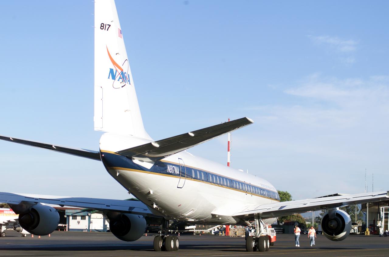 NASA Dryden's DC-8 on the ramp at Jaun Santamaria International Airport, San Jose, Costa Rica during the AirSAR 2004 campaign. AirSAR 2004 is a three-week expedition by an international team of scientists that will use an all-weather imaging tool, called the Airborne Synthetic Aperture Radar (AirSAR), in a mission ranging from the tropical rain forests of Central America to frigid Antarctica.