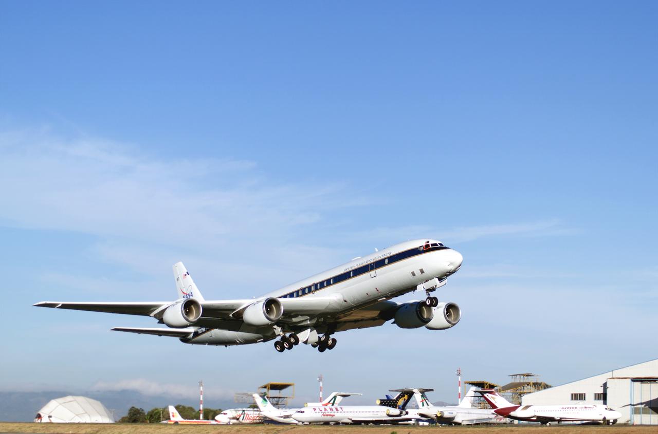 NASA's DC-8 flying laboratory takes off from Juan Santamaria International Airport in San Jose, Costa Rica, on NASA's AirSAR 2004 campaign. AirSAR 2004 is a three-week expedition by an international team of scientists that will use an all-weather imaging tool, called the Airborne Synthetic Aperture Radar (AirSAR), in a mission ranging from the tropical rain forests of Central America to frigid Antarctica.