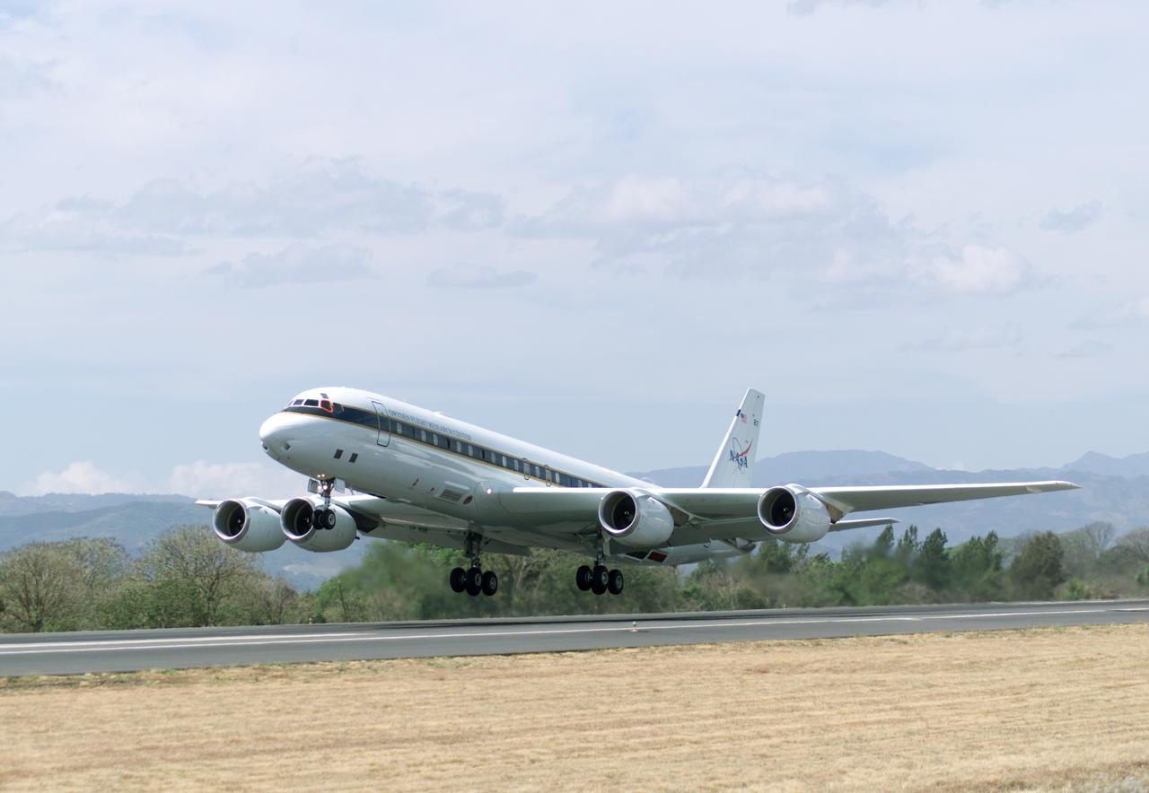 NASA's DC-8 flying laboratory takes off from Juan Santamaria International Airport in San Jose, Costa Rica, on NASA's AirSAR 2004 campaign. AirSAR 2004 Mesoamerica is a three-week expedition by an international team of scientists that uses an all-weather imaging tool, called the Airborne Synthetic Aperture Radar (AirSAR) which is located onboard NASA's DC-8 airborne laboratory. Scientists from many parts of the world including NASA's Jet Propulsion Laboratory are combining ground research done in several areas in Central America with NASA's AirSAR technology to improve and expand on the quality of research they are able to conduct.  The radar, developed by NASA's Jet Propulsion Laboratory, can penetrate clouds and also collect data at night. Its high-resolution sensors operate at multiple wavelengths and modes, allowing AirSAR to see beneath treetops, through thin sand, and dry snow pack.  AirSAR's 2004 campaign is a collaboration of many U.S. and Central American institutions and scientists, including NASA; the National Science Foundation; the Smithsonian Institution; National Geographic; Conservation International; the Organization of Tropical Studies; the Central American Commission for Environment and Development; and the Inter-American Development Bank.