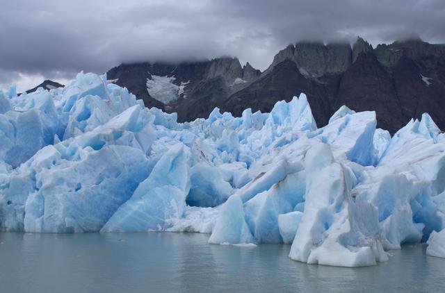NASA image: View of Glacier Grey from Lago Grey (Grey Lake), with the Cuernos del Paine mountains in the background, seen during NASA's AirSAR 2004 campaign in Chile