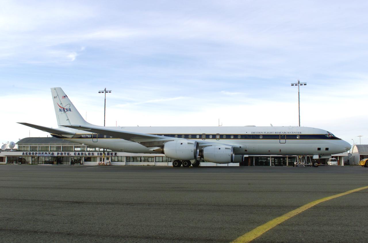 NASA’s DC-8 aircraft prior to launch from Carlos Ibanez International Airport in Punta Arenas, Chile, during AirSAR 2004. AirSAR 2004 is a three-week expedition in Central and South America by an international team of scientists that is using an all-weather imaging tool, called the Airborne Synthetic Aperture Radar (AirSAR), located onboard NASA's DC-8 airborne laboratory. Scientists from many parts of the world are combining ground research with NASA's AirSAR technology to improve and expand on the quality of research they are able to conduct.
