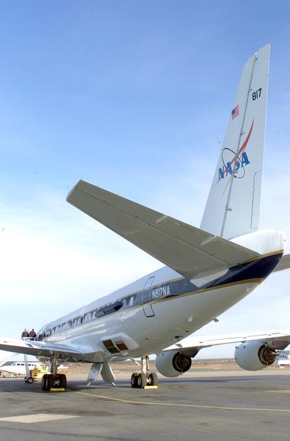 NASA image: NASA’s DC-8 aircraft at Carlos Ibanez International Airport in Punta Arenas, Chile. A portion of AirSAR hardware is visible on the left rear fuselage