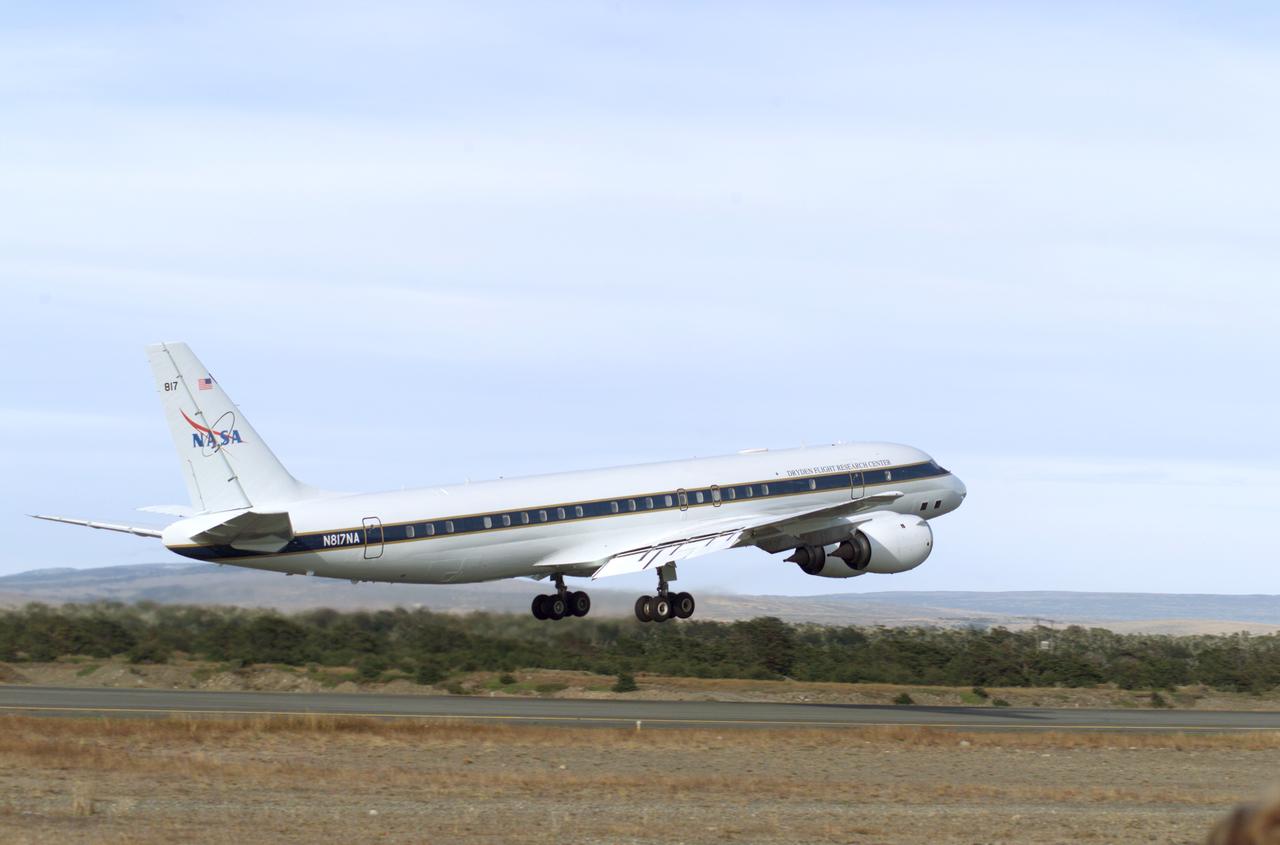 NASA's DC-8 flying laboratory takes off from Carlos Ibanez International Airport in Punta Arenas, Chile, during NASA's AirSAR 2004 campaign. AirSAR 2004 is a three-week expedition in Central and South America by an international team of scientists that is using an all-weather imaging tool, called the Airborne Synthetic Aperture Radar (AirSAR), located onboard NASA's DC-8 airborne laboratory. Scientists from many parts of the world are combining ground research with NASA's AirSAR technology to improve and expand on the quality of research they are able to conduct.