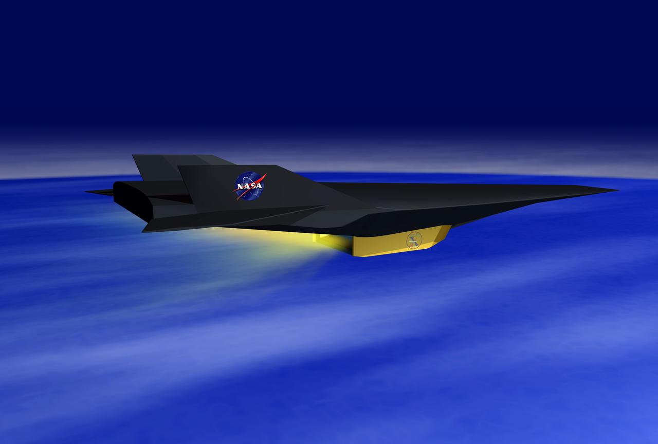 This image (captured from animation video) illustrates the X-43A research vehicle alone after separation from the Pegasus booster. (LaRC Photo # EL-2000-00531)