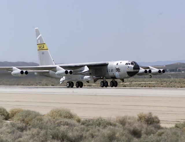 NASA image: NASA's B-52B launch aircraft takes off carrying the second X-43A hypersonic research vehicle attached to a modified Pegasus rocket, on March 27, 2004