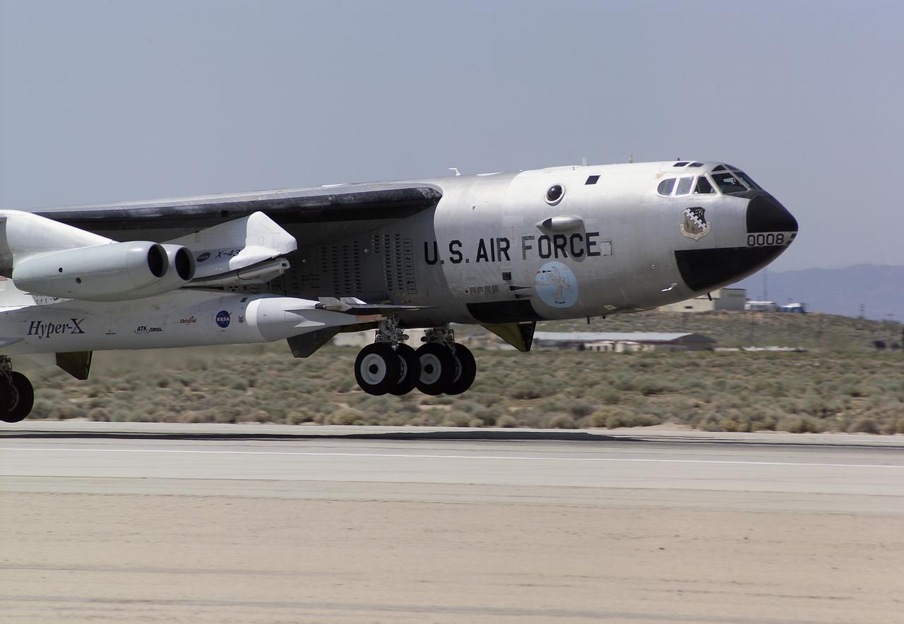 The second X-43A hypersonic research aircraft and its modified Pegasus booster rocket left the runway, carried aloft by NASA's B-52B launch aircraft from the NASA Dryden Flight Research Center at Edwards Air Force Base, Calif., on March 27, 2004. About an hour later the Pegasus booster was launched from the B-52 to accelerate the X-43A to its intended speed of Mach 7.