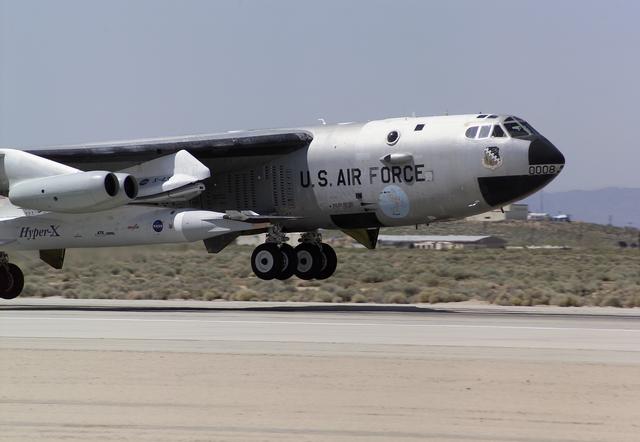 NASA image: NASA's B-52B launch aircraft takes off carrying the second X-43A hypersonic research vehicle attached to a modified Pegasus rocket, on March 27, 2004