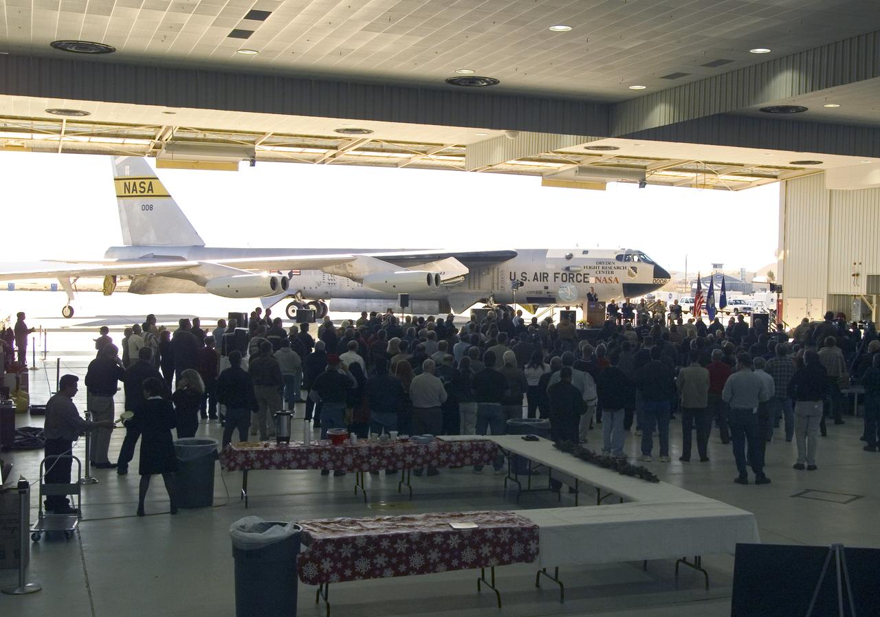 NASA's venerable B-52B mothership launch aircraft served as the backdrop at its retirement ceremony on Dec. 17, 2004.
