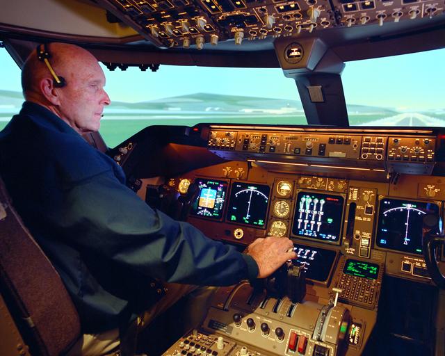 NASA image: NASA research pilot Gordon Fullerton checked out how the PCA software worked in the multi-engine simulator at NASA Ames before fight-testing PCA in an MD-11.