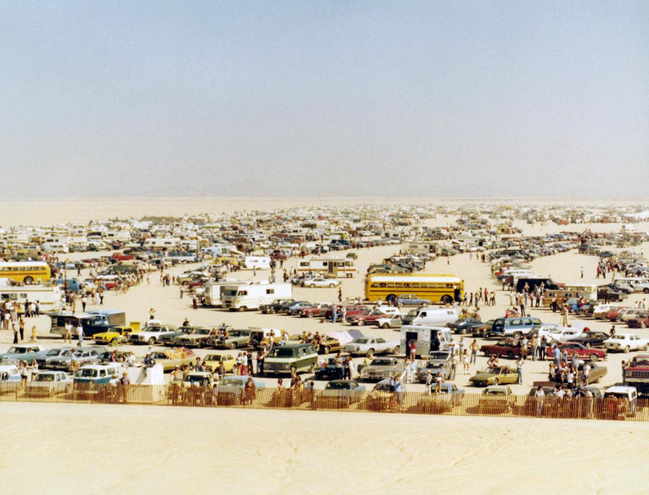 Large crowds gathered on Rogers Dry Lake at Edwards AFB to see the first landing of the Space Shuttle Columbia, completing its first orbital mission.