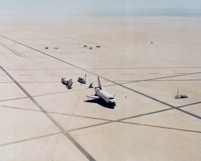 NASA image: The Space Shuttle Columbia on Rogers Dry lakebed at Edwards AFB after landing to complete its first orbital mission on April 14, 1981