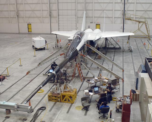 NASA image: NASA Dryden's F-15B aircraft with the Gulfstream Quiet Spike sonic boom mitigator attached undergoes ground vibration testing in preparation for test flights