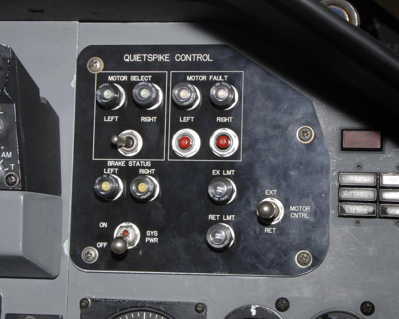 The control panel for the joint NASA/Gulfstream Quiet Spike project, located in the backseat of NASA's F-15B testbed aircraft. The project seeks to verify the structural integrity of the multi-segmented, articulating spike attachment designed to reduce and control a sonic boom.