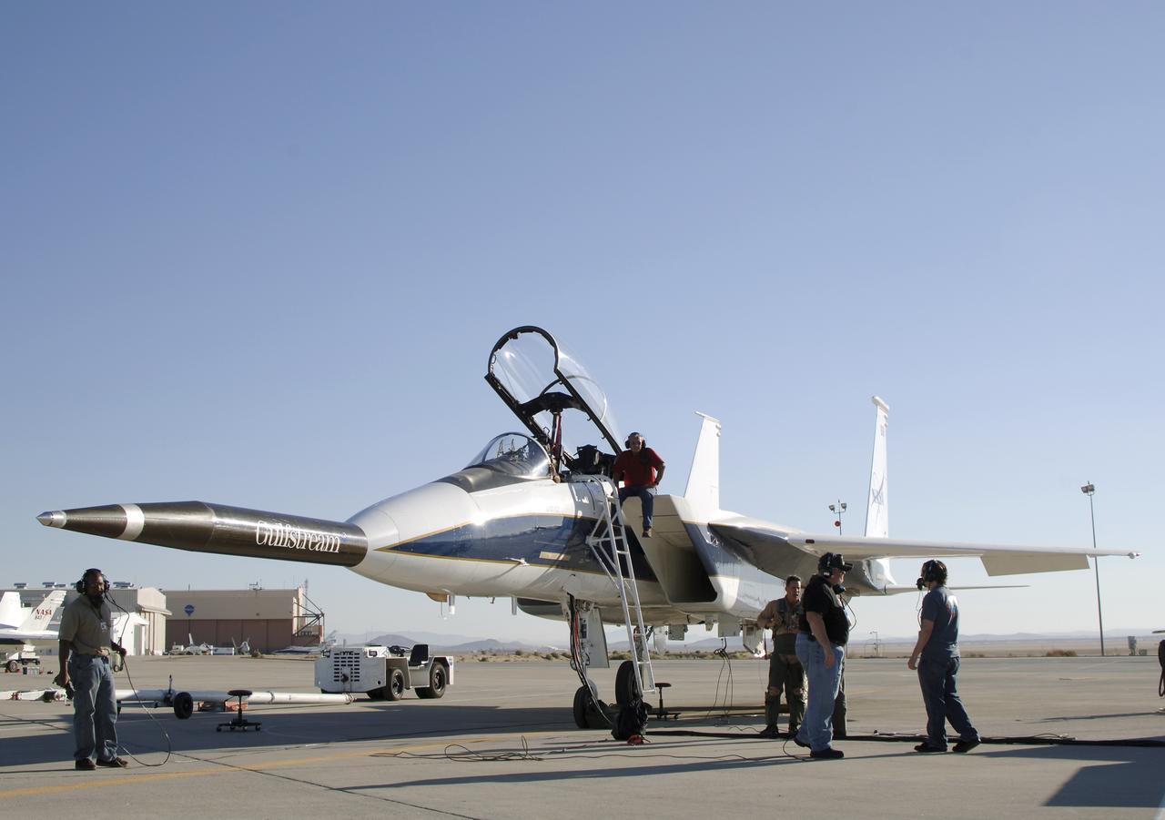NASA's F-15B testbed aircraft undergoes pre-flight checks before performing the first flight of the Quiet Spike project. The first flight was performed for evaluation purposes, and the spike was not extended. The Quiet Spike was developed as a means of controlling and reducing the sonic boom caused by an aircraft 'breaking' the sound barrier.