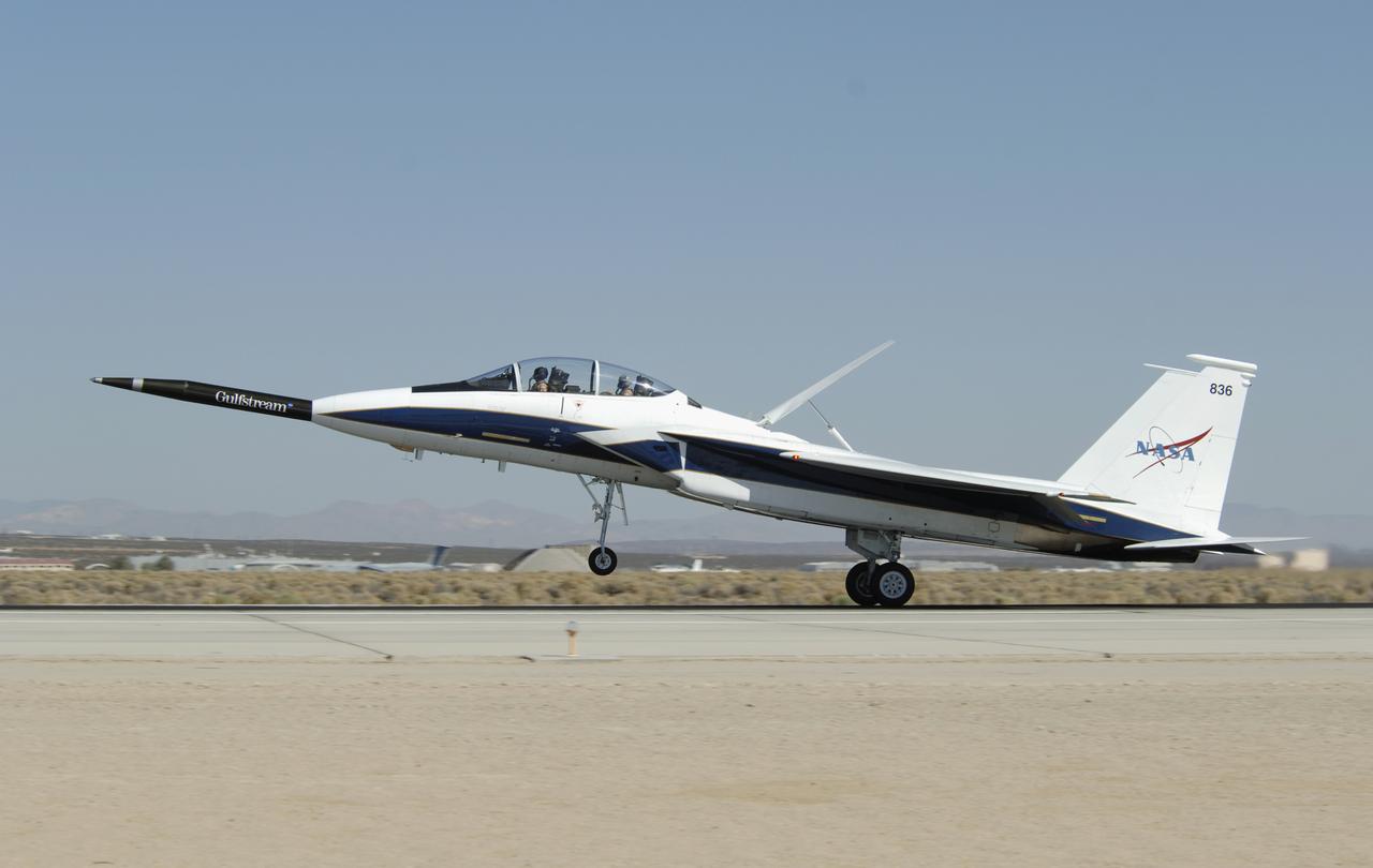 NASA's F-15B testbed aircraft lands after the first flight of the Quiet Spike project. The first flight was performed for evaluation purposes, and the spike was not extended. The Quiet Spike was developed as a means of controlling and reducing the sonic boom caused by an aircraft 'breaking' the sound barrier.