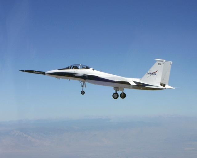 NASA's F-15B testbed aircraft in flight during the first evaluation flight of the joint NASA/Gulfstream Quiet Spike project