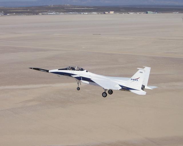 NASA image: Approaching the runway after the first evaluation flight of the Quiet Spike project, NASA's F-15B testbed aircraft cruises over Roger's Dry Lakebed