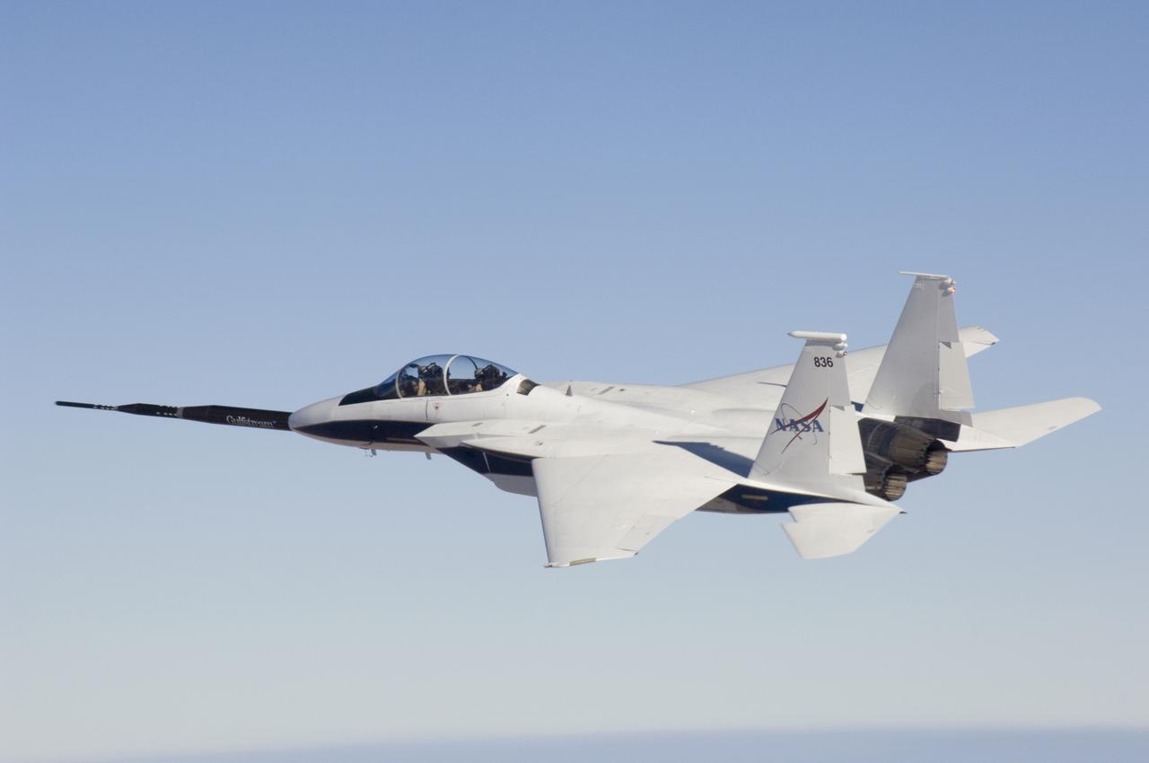 NASA F-15B #836 in flight with Quiet Spike attached. The project seeks to verify the structural integrity of the multi-segmented, articulating spike attachment designed to reduce and control a sonic boom.
