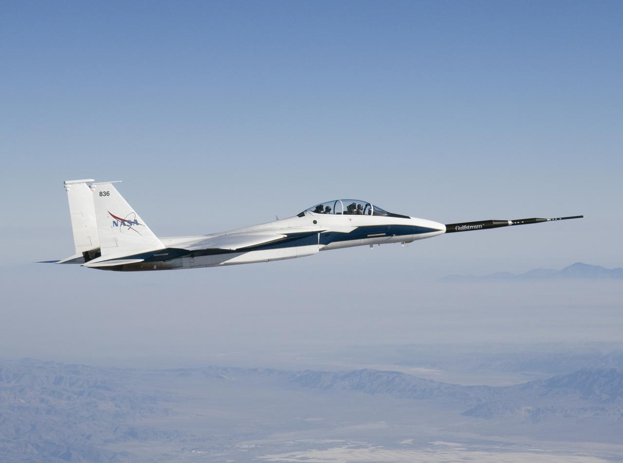 NASA F-15B #836 in flight with Quiet Spike attached. The project seeks to verify the structural integrity of the multi-segmented, articulating spike attachment designed to reduce and control a sonic boom.