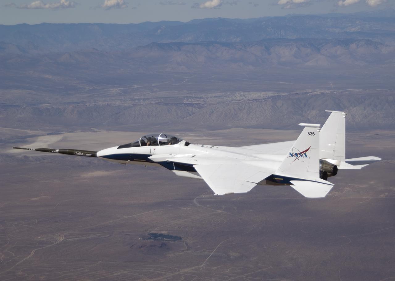 NASA F-15B #836 in flight with Quiet Spike attached. The project seeks to verify the structural integrity of the multi-segmented, articulating spike attachment designed to reduce and control a sonic boom.