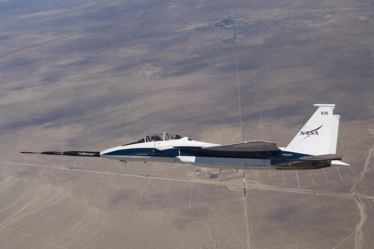 NASA F-15B #836 in flight with Quiet Spike attached. The project seeks to verify the structural integrity of the multi-segmented, articulating spike attachment designed to reduce and control a sonic boom.