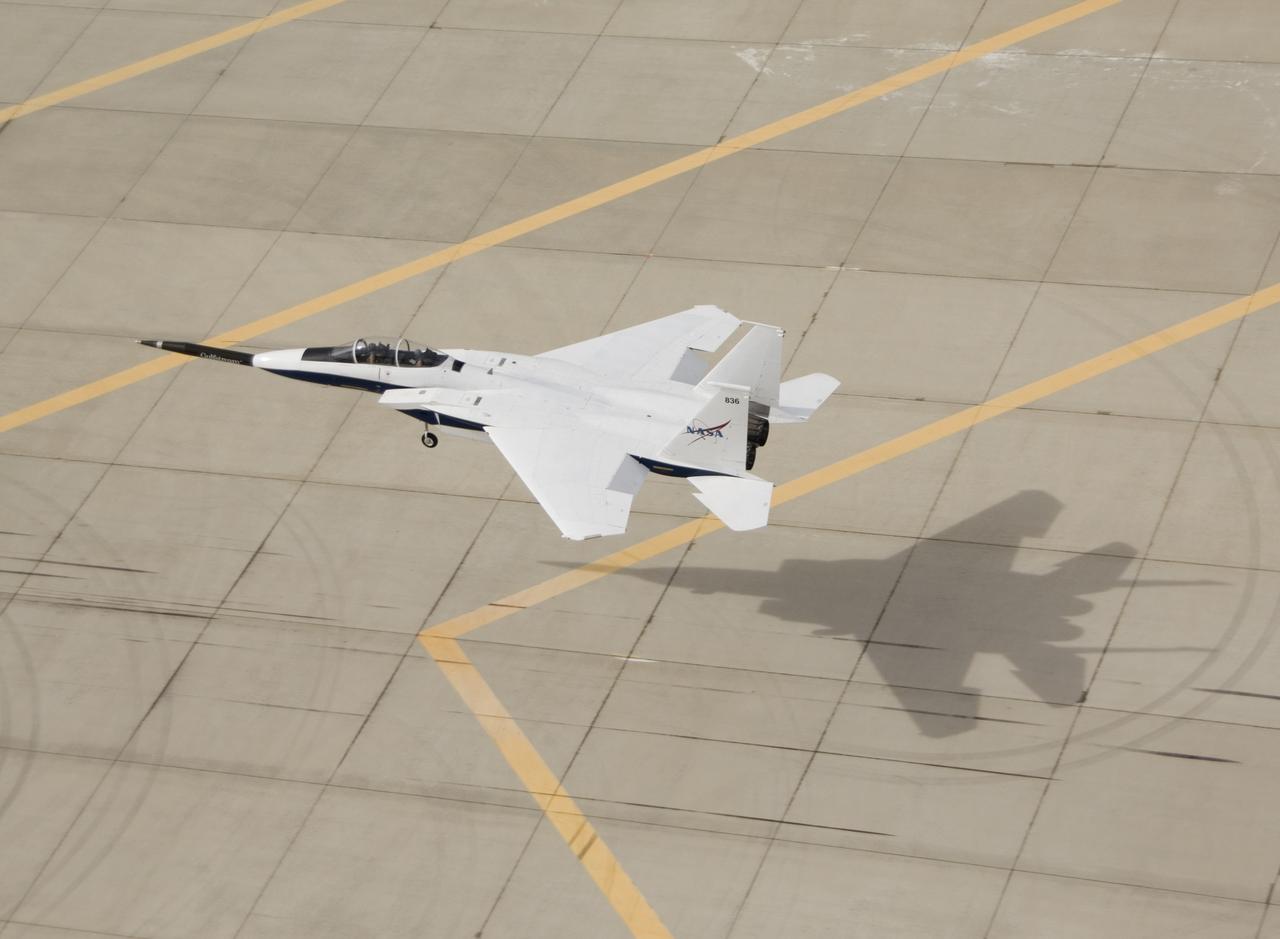 NASA F-15B #836 landing with Quiet Spike attached. The project seeks to verify the structural integrity of the multi-segmented, articulating spike attachment designed to reduce and control a sonic boom.
