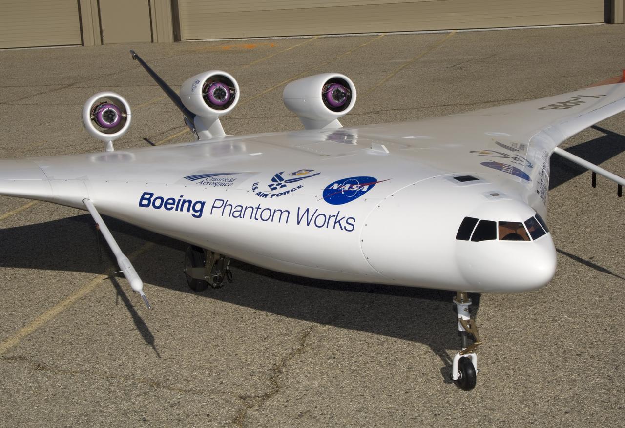 This closeup of Boeing Phantom Works' unique X-48B Blended Wing Body technology demonstrator shows off its unusual engine placement and supercritical airfoil.