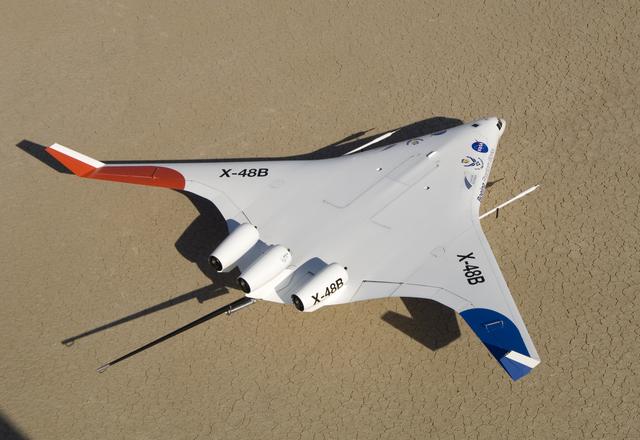 NASA image: This rear-quarter view shows off the unique lines of Boeing's X-48B Blended Wing Body technology demonstrator on Rogers Dry Lake adjacent to NASA Dryden
