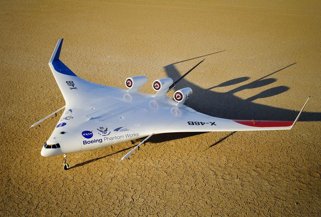 Boeing's X-48B Blended Wing Body technology demonstrator shows off its unique lines at sunset on Rogers Dry Lake adjacent to NASA's Dryden Flight Research Center. (Boeing photo # SMF06_F_KOEH_X48B-0900a)