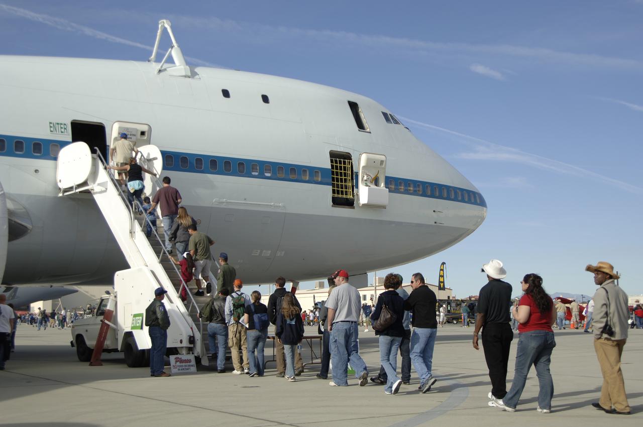 A brief tour through NASA's modified Boeing 747 Shuttle Carrier Aircraft was a popular attraction at the Edwards Air Force Base open house Oct. 28-29, 2006.