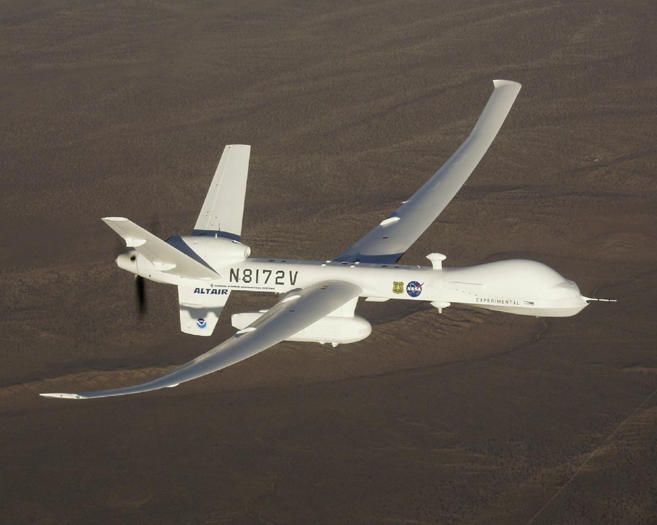 Equipped with a pod-mounted infrared imaging sensor, the Altair UAS aided fire mapping efforts over wildfires in central and southern California in late 2006.