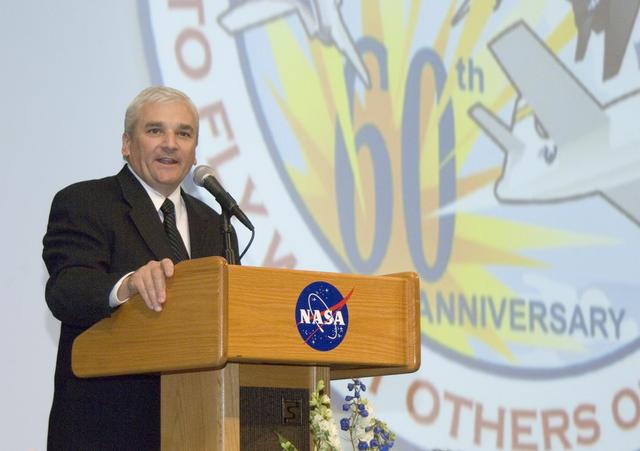 NASA image: NASA Dryden director Kevin L. Petersen discusses the center's major milestones during its 60th anniversary celebration in November, 2006.