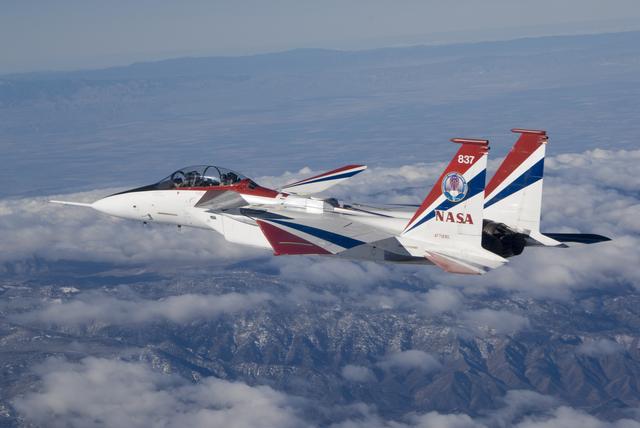 NASA image: Antennas used for the Space-Based Range Demonstration and Certification project protrude from the top of NASA's NF-15B testbed during a research flight.