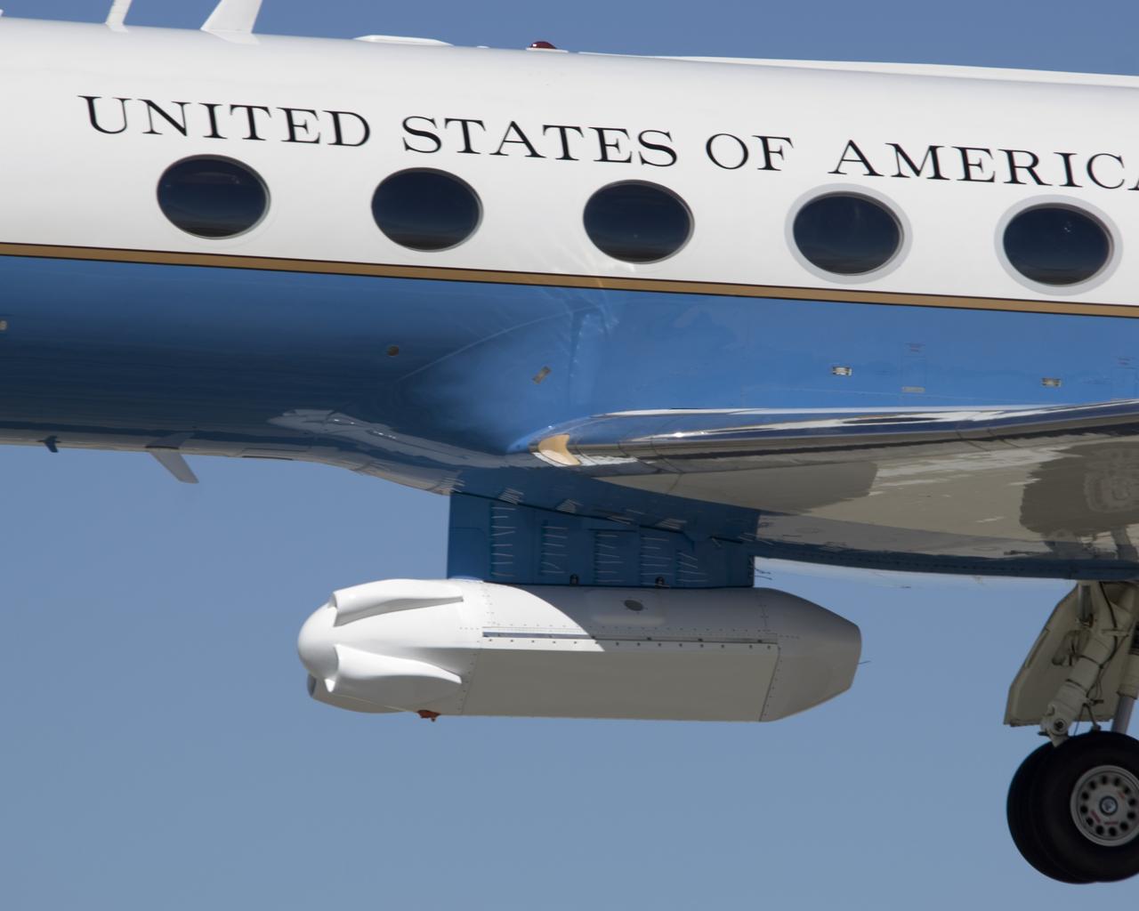 The synthetic aperture radar pod developed by JPL is slung beneath NASA's Gulfstream-III research testbed during flight tests.