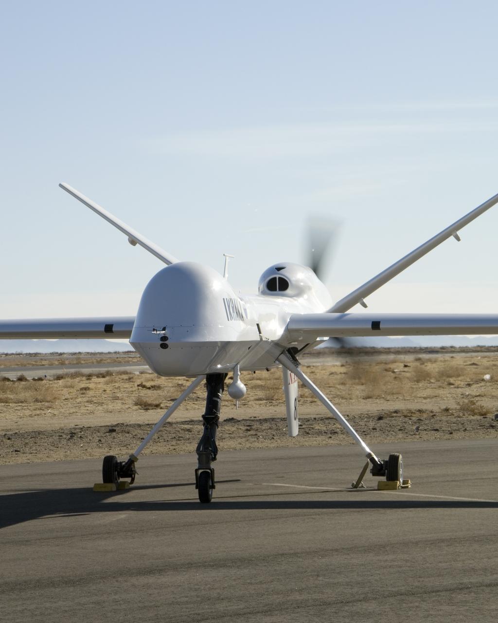 Distinguished by its large nose payload bay, NASA's Ikhana unmanned aircraft does an engine run prior to takeoff from General Atomics' Grey Butte airfield.