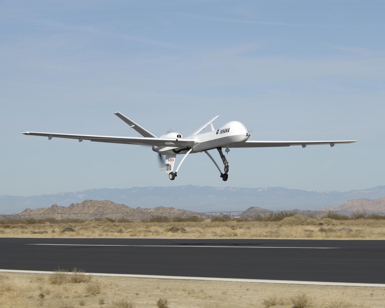 NASA's Ikhana unmanned long-endurance science aircraft, a civil variant of General Atomics' Predator B, takes to the sky over Southern California's high desert.