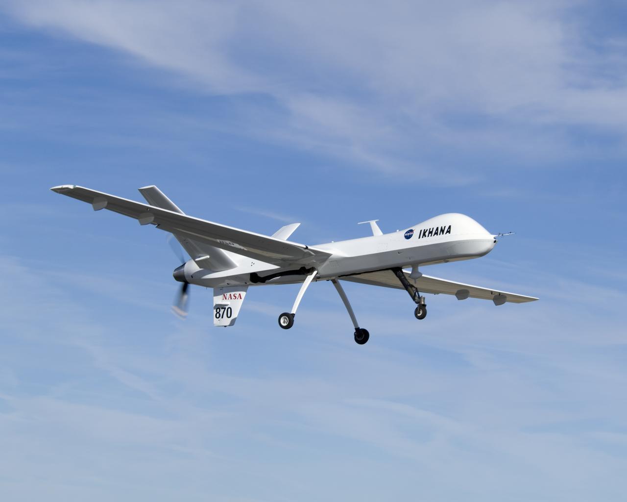 Narrow wings, a Y-tail and rear engine layout distinguish NASA's Ikhana science aircraft, a civil variant of General Atomics' Predator B unmanned aircraft system.