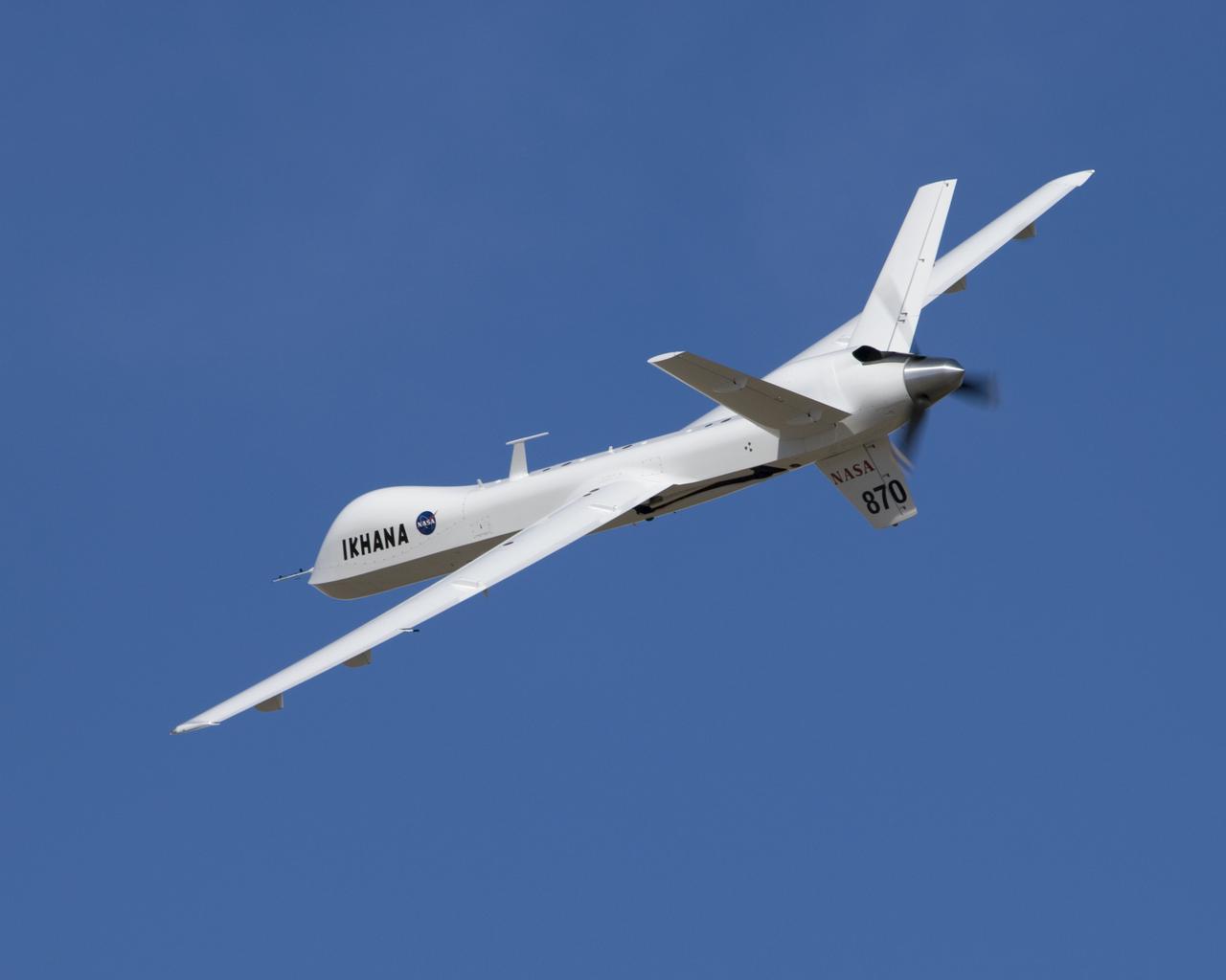 Straight wings, a Y-tail and a pusher propeller distinguish NASA's Ikhana, a civil version of General Atomics Aeronautical system's Predator B unmanned aircraft.