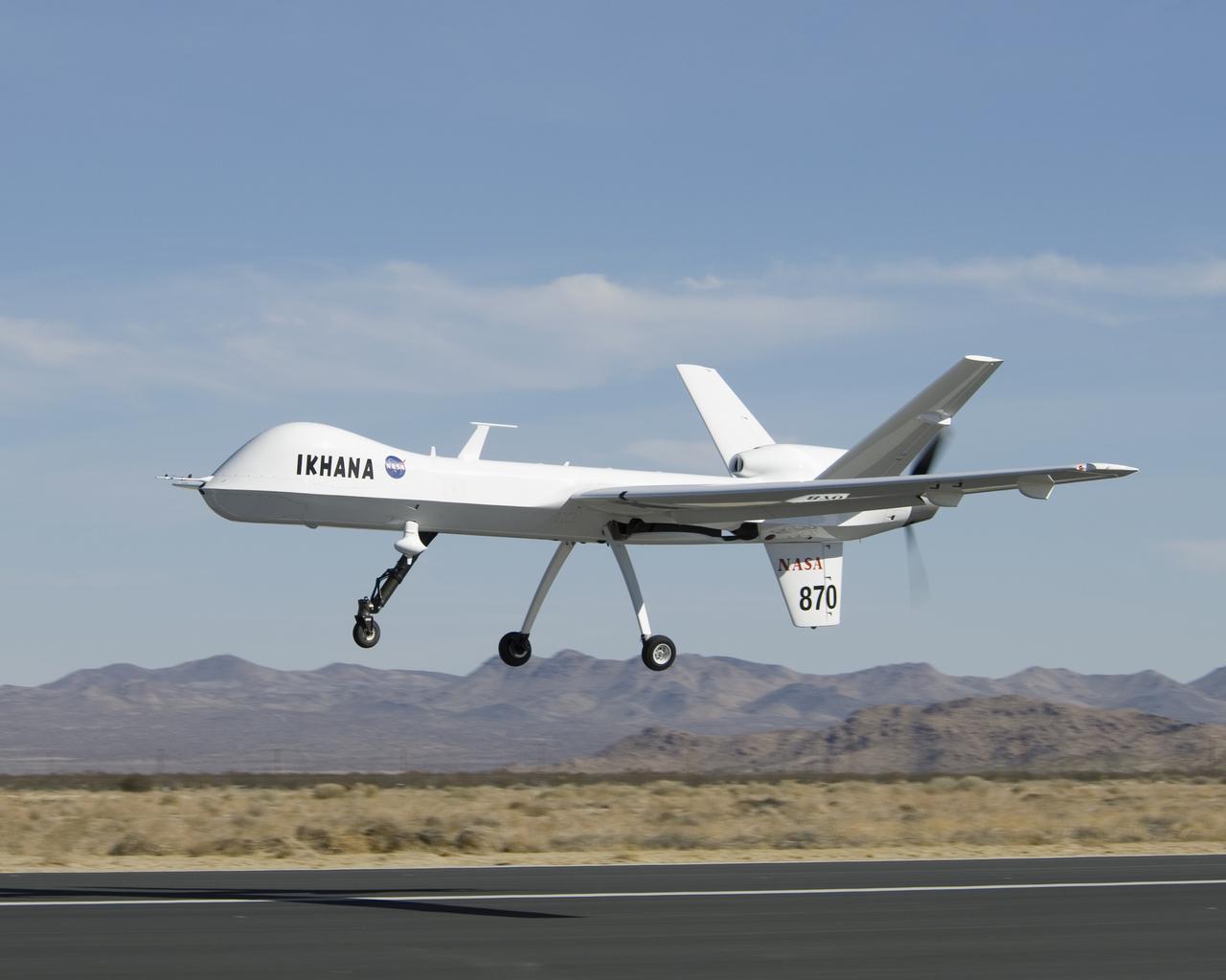 NASA's Ikhana unmanned science demonstration aircraft, a civil variant of General Atomics' Predator B, lifts off from Grey Butte airfield in Southern California.