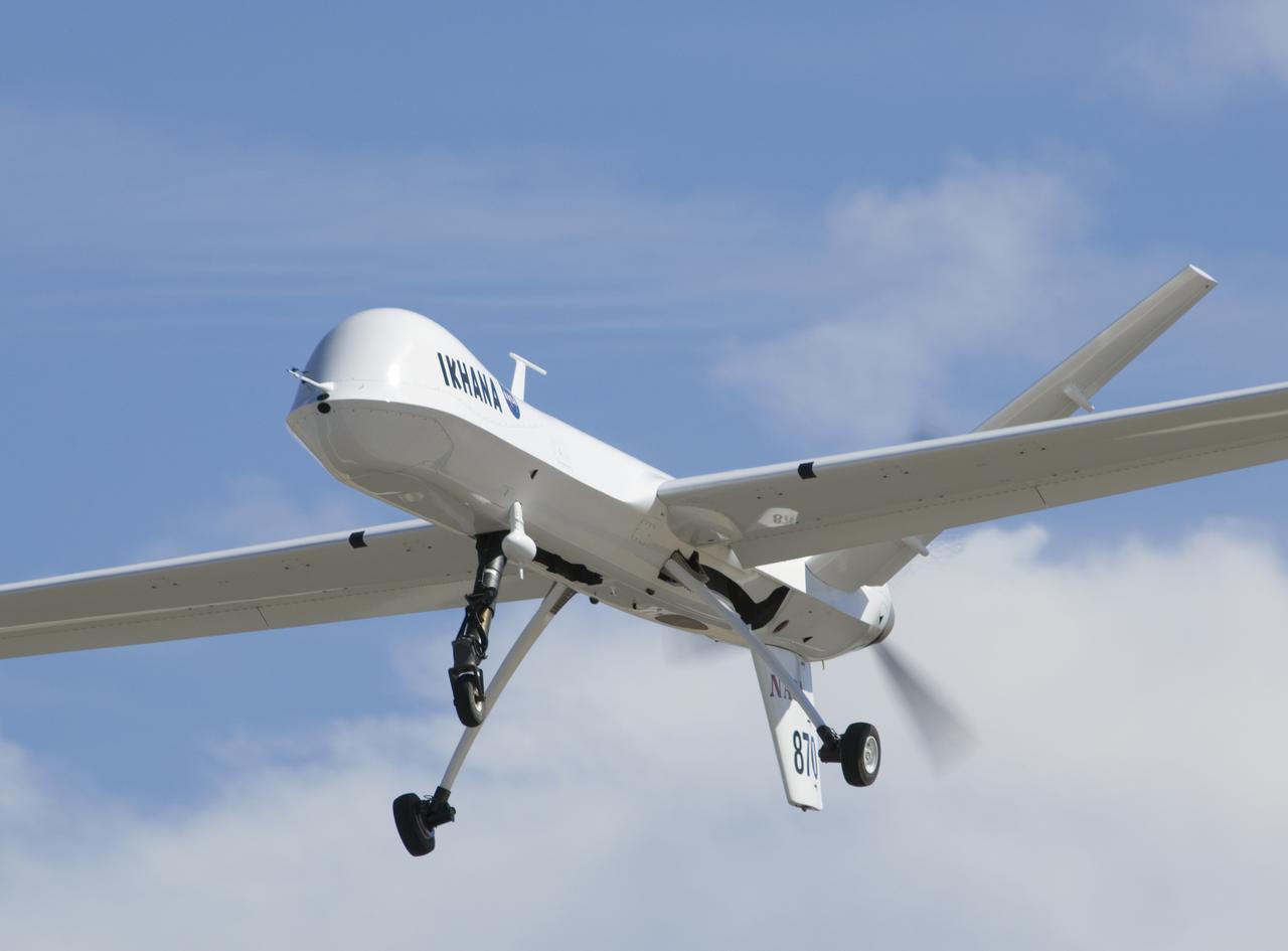 A small nose-mounted television camera enables pilots of NASA's Ikhana unmanned science aircraft to view the flight path ahead.