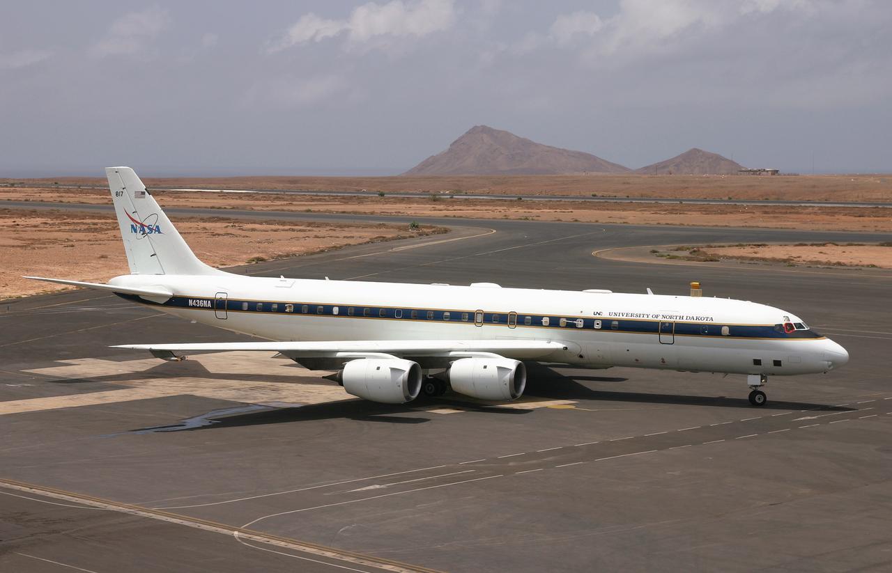NASA's DC-8 Flying Laboratory taxis up to the ramp at Sal Island's Amilcar Cabral International Airport after a science flight for the NAMMA mission. (Ames photo # ACD06-0135-035)